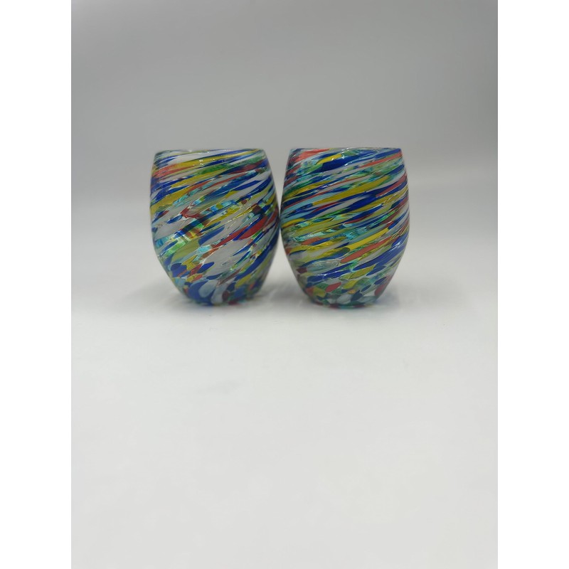 Handblown Confetti Stemless Wine Glass with Colorful Swirl Design (Set