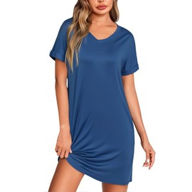 Litherday Women Nightdress Shorty Cotton Nightdress Short Sleeves Soft Nightshirt Sleepwear Loungewear Blau