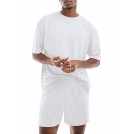Ekouaer Mens Lounge Set Ribbed Knit Pajamas Set 2 Piece Short Set Outfits Sweatsuit Summer Soft Sleepwear Loungewear White L