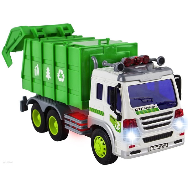 WolVol Friction Powered Garbage Truck Toy With Lights and Sounds For Kids (Can Open Back)