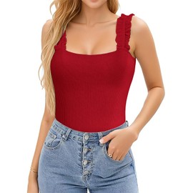 Basicspace Cute Crop Tops for Women Ribbed Ruffle Square Neck Tank Tops Womens Trendy Going Out Y2K Basic Tops(Medium,Pure Red