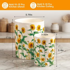 Sunflower Utensil Holder, 7.1"+5.4" Ceramic Utensil Holder for Kitchen Counter, Cooking Utensil Crocks for Countertop, Utensil Storage Container Organizer for Spoon, Sunflower Farmhouse Kitchen Decor