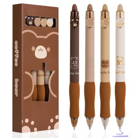 OFFCUP Erasable Gel Pens, 4Pcs Erasable Pens, 0.5mm Blue Gel Ink Eraser Pens Erasable Rollerball Pens Retractable Erasable Pens for Kids Adults Writing Stationary School Supplies (Coffee Bear)