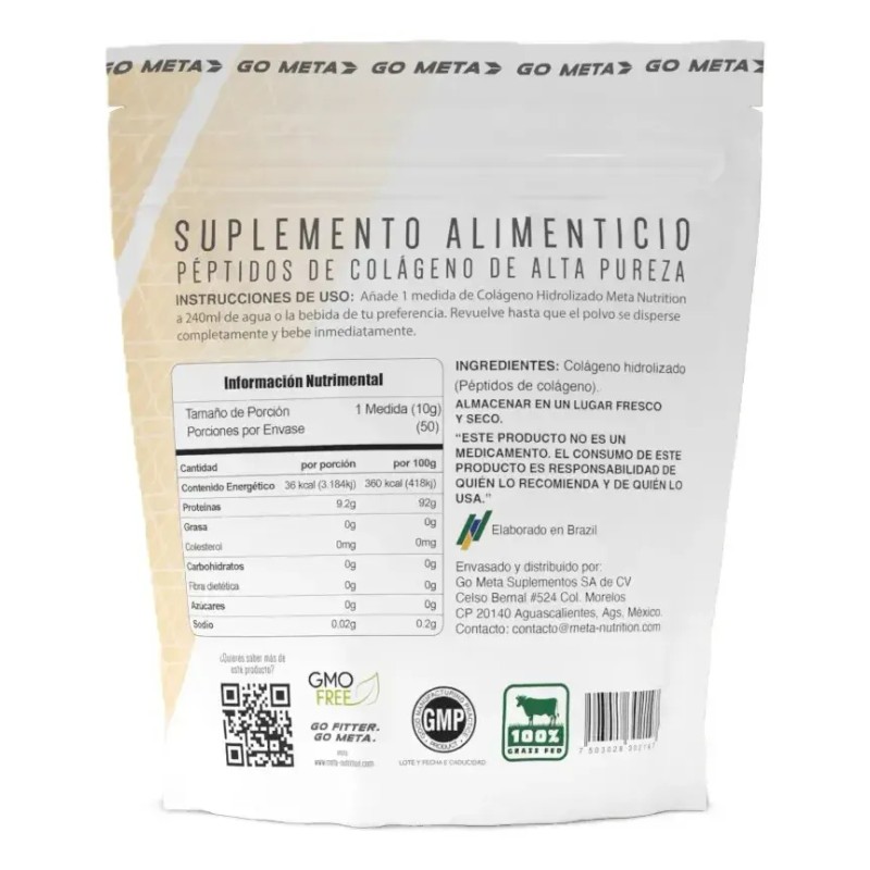 Colageno Hidrolizado Meta Nutrition 500 Gr, 50 Porciones Sin sabor