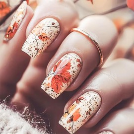 Medium Press on Nails Square Fall Fake Nails with Maple Leaf Designs False Nails Press Ons Medium Square Full Cover Artificial Acrylic Nails for Women 24Pcs