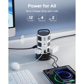 Power Strip Tower Surge Protector, JACKYLED 12 Outlets 6 USB (2 USB C) Charging Station, Extension Cord with Multiple Outlets, 1050J 1625W/13A Outlet Extender 6.5ft Extension Cord for Home Office