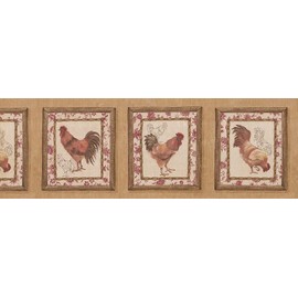 CONCORD WALLCOVERINGS ™ Wallpaper Border Kitchen Pattern Roosters in Wooden Frame for Dining Area Cottage, Brown Cream Red Beige, 8 Inches by 15 Feet 5506052