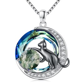 TwoAnts Black Cat Crystal Necklace for Women 925 Sterling Silver Moss Agate Pendant Jewelry Gift for Cat Lovers