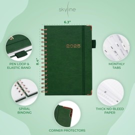 Skyline Dated Weekly Planner with Tabs Jan 2025 - Jan 2026 – Daily & Monthly Agenda with Calendar – Spiral Bound, 6.3x8.4” (Forest Green)