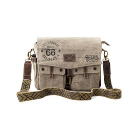 3B-Route 66Upcycled Vintage Military Leather Canvas Shoulder Bag Laptop Messenger Bags Medium Crossbody Purse with 2 Straps (Military Fade Grey)