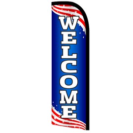 Welcome (Patriotic) Premium Windless Feather Flag Bundle (11.5' Tall Flag, 15' Tall Flagpole, Ground Mount Stake) Printed in the USA 841098154035