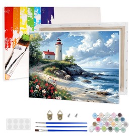 Lxmsja Sea Lighthouse Paint by Numbers Kit for Adults, Acrylic Beach Rocks Paint by Numbers for Adults Beginner, DIY Craft Supplies Oil Painting Kits for Home Wall Decor 16x12 inch (Framed)