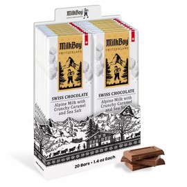 Milkboy Swiss Chocolates Milk Chocolates - Premium Alpine Milk Chocolate Bars with Crunchy Caramel & Sea Salt - Made in Switzerland - GMO Free - Each 1.4 oz - 20 Pack