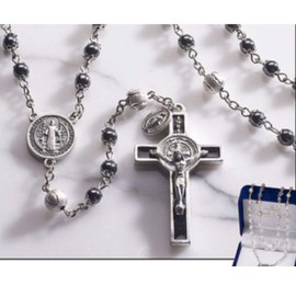 Saint Benedict Silver Italian Rosary with Black 6mm prayer beads and Silver 8mm beads Hand Crafted (Paola Carola collection)