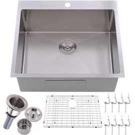 25 x 22 Inch Drop In Kitchen Sink, Topmount Stainless Steel Brushed Nickel Single Bowl Kitchen Sink, Extra-thick 16 Gauge For RV Laundry Utility with Dish Grid and Basket Strainer