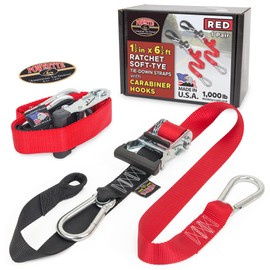 PowerTye 1.5in x 6.5ft Heavy Duty Ratchet Tie-Down Straps with Soft-Tye and Carabiner Hooks - 1,000 lb Working Load Limit / 3,000 lb Breaking Strength - Made in USA - Red/Black Pair