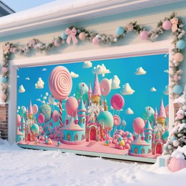 Mindsoft Christmas Garage Door Decorations 16 x 7 ft Extra Large Christmas Sweet Candy Land Printed Hanging Door Backdrop Colorful Lollipop Garage Cover for Xmas Eve Holiday Party Decor Supplies