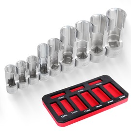 ROADGIVE 9 PCS Flare Nut Socket Set, (10-22mm) Diesel Injector Fuel Line Socket Set for Wired Temperature Sensors, Thermo Switches, Bent Pipe, EGT Sensor