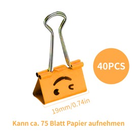 Aiyraa Pack of 40 Foldback Clips, 19 mm, Smiling Metal Clips, Paper Clips with Box, Paper Clips for Notes, Organising and Classification, Holds up to 75 Sheets