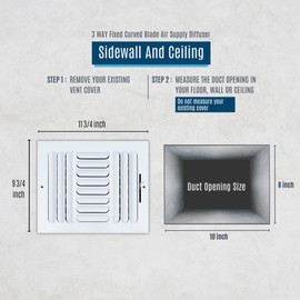 Fits 10x8 Duct Opening 3 Way Fixed Curved Blade Air Supply Diffuser by Handua | Register Vent Cover Grill for Sidewall and Ceiling | White | Outer Dimensions: 11.75" X 9.75"