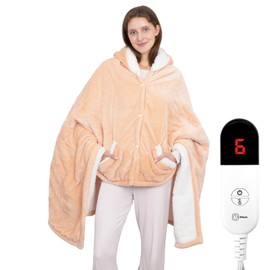 Wearable Heated Throw Blanket, Electric Heated Wrap Poncho Shawl & Hoodies with Pockets, 7 Heating Levels & 4 Hours Time Settings, Machine Washable with ETL Certification 50" x 60", Beige