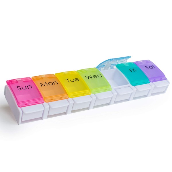 RMS Weekly and Daily Pill Organizer - 7 Day Pill Planner, Dispenser Case for Medicines, Vitamin Supplements with Easy Press Open Design and Large Capacity (Once Per Day)