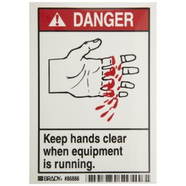 Brady 86886 3-1/2" Width x 5" Height, B-302 High Performance Polyester, Black and Red on White Machine and Equipment Labels, Header "Danger", Legend "Keep Hands Clear When Equipment is Running", Pack of 5