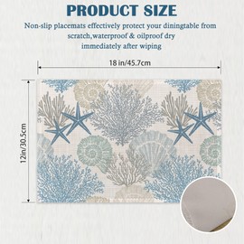 Ocean Coral Teal Placemats Set of 4,Waterproof Place Mats Non-Slip Washable Table Mats Set for Kitchen Dining Holiday Party Wedding Decor 12x18 Inch