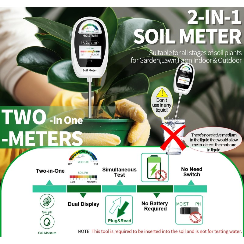 AiGerdinn Soil Test Kit, 2-in-1 Soil Moisture Meter, Soil pH
