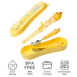 GORYEO BABY Toddler Utensils Stainless Steel Kids Silverware Set with Kids Spoons and Forks Set and Kids Chopsticks for Self Feeding Learning with Portable Case