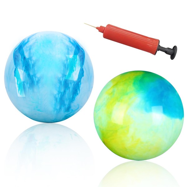 BLMHTWO 2 Pcs Marbleized Bouncy Balls Fun Bouncy Balls With Pump for Boys Girls Inflatable Playground Sensory PVC Bouncy Balls for Adults Pet Party Beach(white, blue-green and yellow-green)