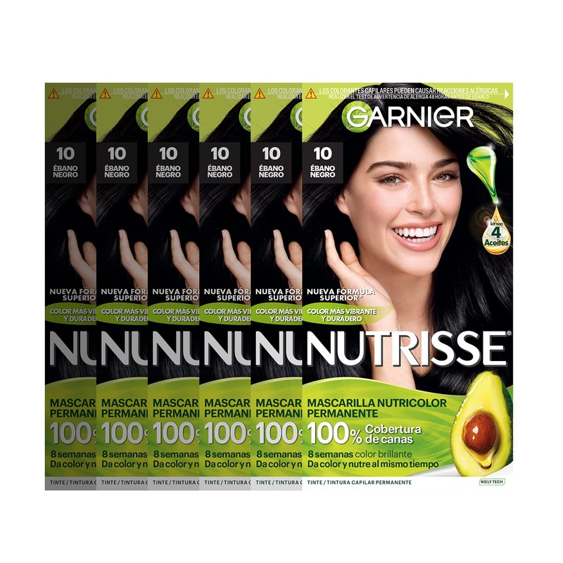 Garnier, Paquete De 6 Tintes Nutrisse Tono 10 Ebano Negro
