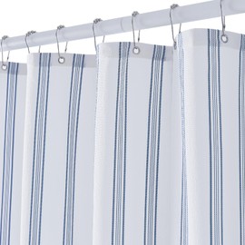 ORTIGIA Textured Fabric Shower Curtain-Blue Striped, 72x72 Inch Yarn Dyed Seersucker Structured Bathroom Curtain with 12 Metal Hooks, Blue and White Shower Curtain for Modern Farmhouse Bathrooms