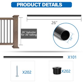 HTWAVE 101 Pack 26" Deck Balusters, Hollow Round Aluminum Balusters for Deck Railing, Aluminum Deck Spindles with Screws for Railing Fencing, Metal Deck Balusters Staircase Spindles W/Conectors