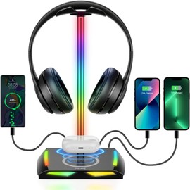 Feegar Hold RGB Headphone Stand with Wireless Charger, Gaming Headset Stand Headset Holder Wireless Charge Headphone Holder with 1 x USB 2 x Type-C 11 Lighting Effects Modes