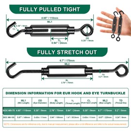 hannger Premium Black Decorative Turnbuckle Hook & Eye, 6PCS M5 Turnbuckles for Cables Wire Tightening up, Adjustable Wire Rope Tensioner for Shade Sail Fence Tent Picture Hanging Installation