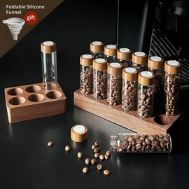 SanSLicoo Single Dose Coffee Bean Storage Tubes with Exhaust Valve, 12pcs Coffee Bean Cellar Dosing Glass Vials With Wooden Display Stand + Funnel, for Tea, Coffee, Spices