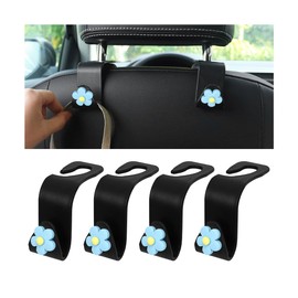 KHGUZ 4 PCS Car Headrest Hook, Multifunctional Flower Vehicle Seat Back Storage Hook, Cute Automotive Seatback Organizer Hanger for Purse Grocery Bag Handbag, Universal Fit (Black/Blue)