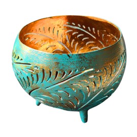 Trintura Coconut Shell Lantern - Handmade, Turquoise Gold, Oriental Design, 3 Legs, Natural Material, Mood Light for Balcony, Garden & Living Room, Boho Table Decoration for Indoor & Outdoor Use