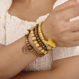 YERTTER Bohemian 4pcs Yellow Layered Beaded Stretch Stackable Bracelet Tree of Life Pendant Tassel Bracelet Vintage Strand Bracelet Set for Women Girls（Yellow）