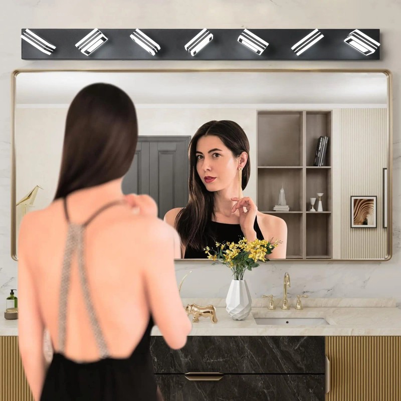 Modern 45\" Black 7-Light LED Vanity Fixture Square Acrylic Lampshades