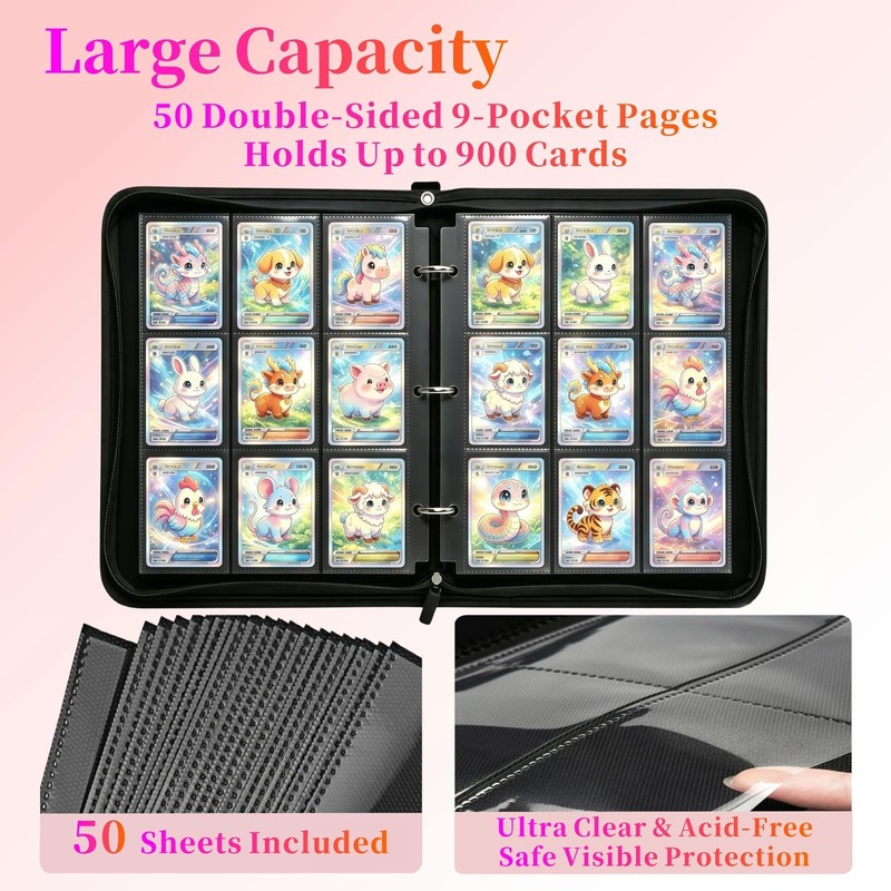 Card Binder 9 Pocket, with 50 Removable Sleeves, 900 Pockets