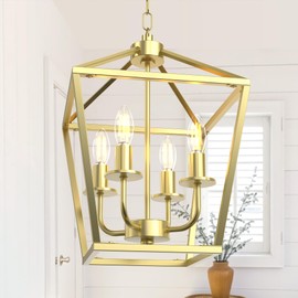Phaosio Farmhouse Lantern Chandelier 4-Light, Industrial Gold Ceiling Light Fixture with Rustic Open Cage and Adjustable Hanging Height, E12 Base for Kitchen Island, Dining Room, Entryway, Foyer