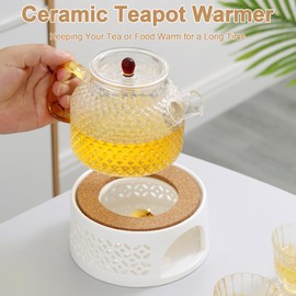 Tea Warmer for Teapot, Ceramic Tea Cosy, Hollow Carved Design, Ceramic Warmer with Cork Mat, Teapot Warmer for Heat Preservation of Tea Coffee - White