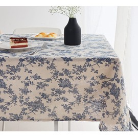 Wracra Cotton Linen Vintage Rectangle Tablecloth Pastoral Floral Rustic Table Cloth Washable Table Cover for Indoor&Outdoor,Farmhouse Decor,Picnic,Tabletop Decoration (Blue Floral, 55"×71")