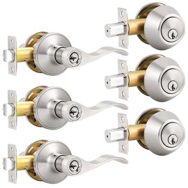 Probrico 3 Pack-Entry Door Lever and Deadbolt Lock Set, handleset with Single Cylinder Deadbolt Keyed Alike Combo Pack, Reveriable-Right or Left Handed, Entry Door Lever Exterior and Interior