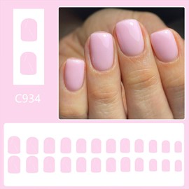 Light Pink Press on Nails Short Square Fake Nails Press ons with Solid Color Reusable Acrylic Nail Full Cover Stick on Nails for Women Manicure 24 Pcs