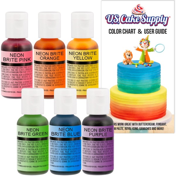 U.S. Cake Supply by Chefmaster Airbrush Cake Neon Color Set - The 6 Most Popular Neon Colors in 0.7 fl. oz. (20ml) Bottles - Safely Made in the USA product