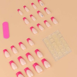 ANDGING French Tip Press on Nails Long Square Pink Fake Nails with Design Glue on Nails for Women Girls Acrylic False Nails Full Cover Stick on Nails Manicure Press on Nail for Wedding 24Pcs AB21