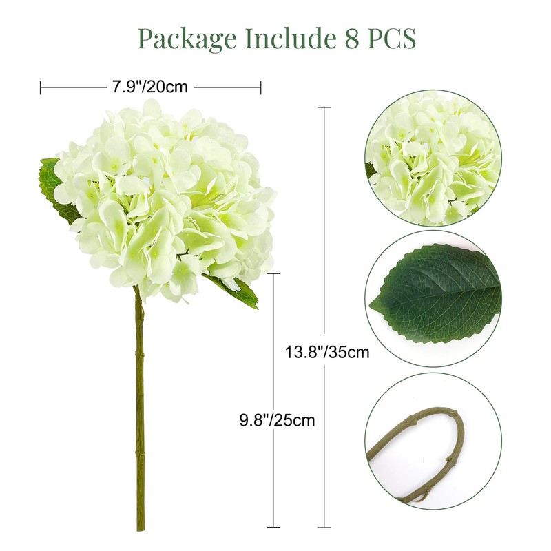 Auihiay Green Hydrangea Artificial Flowers, 8 PCS Artificial Hydrangea Silk
